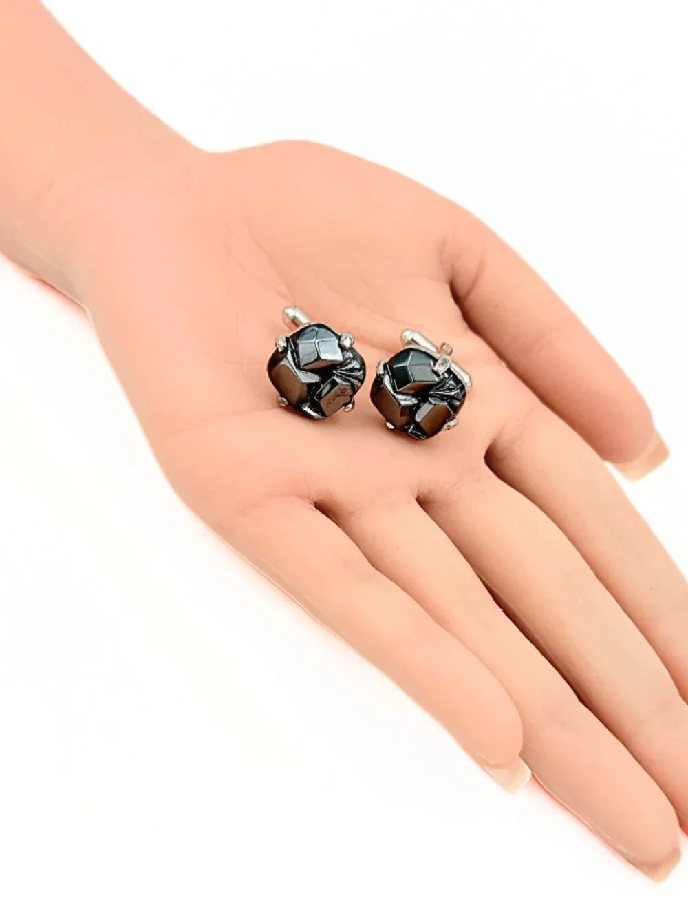 Swank Signed MCM Gray Glass Abstract Geometric Silver Plate Brutalist Cufflinks
